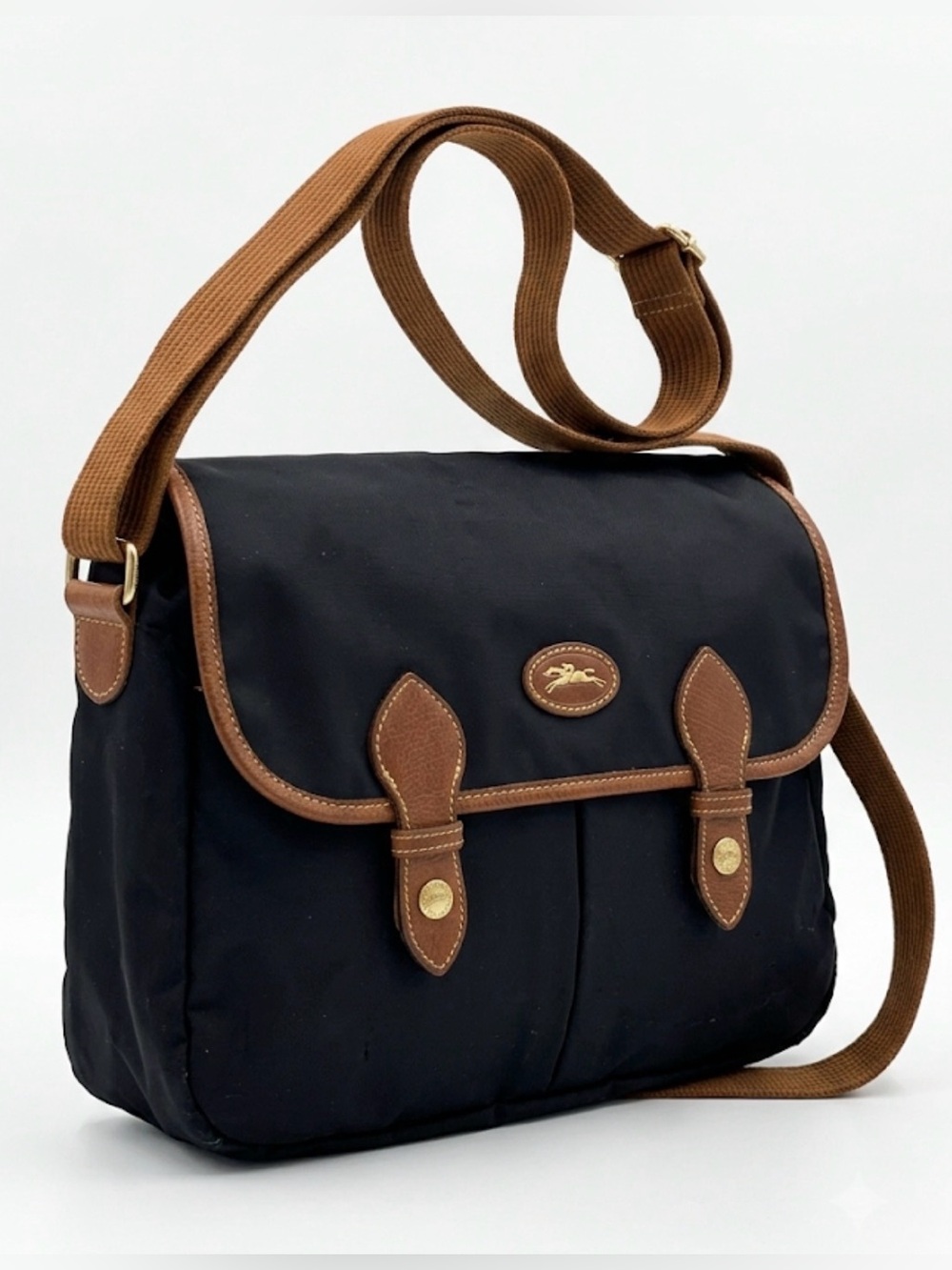 Vintage Longchamp Paris Black Nylon & Leather Messenger Crossbody Bag – France